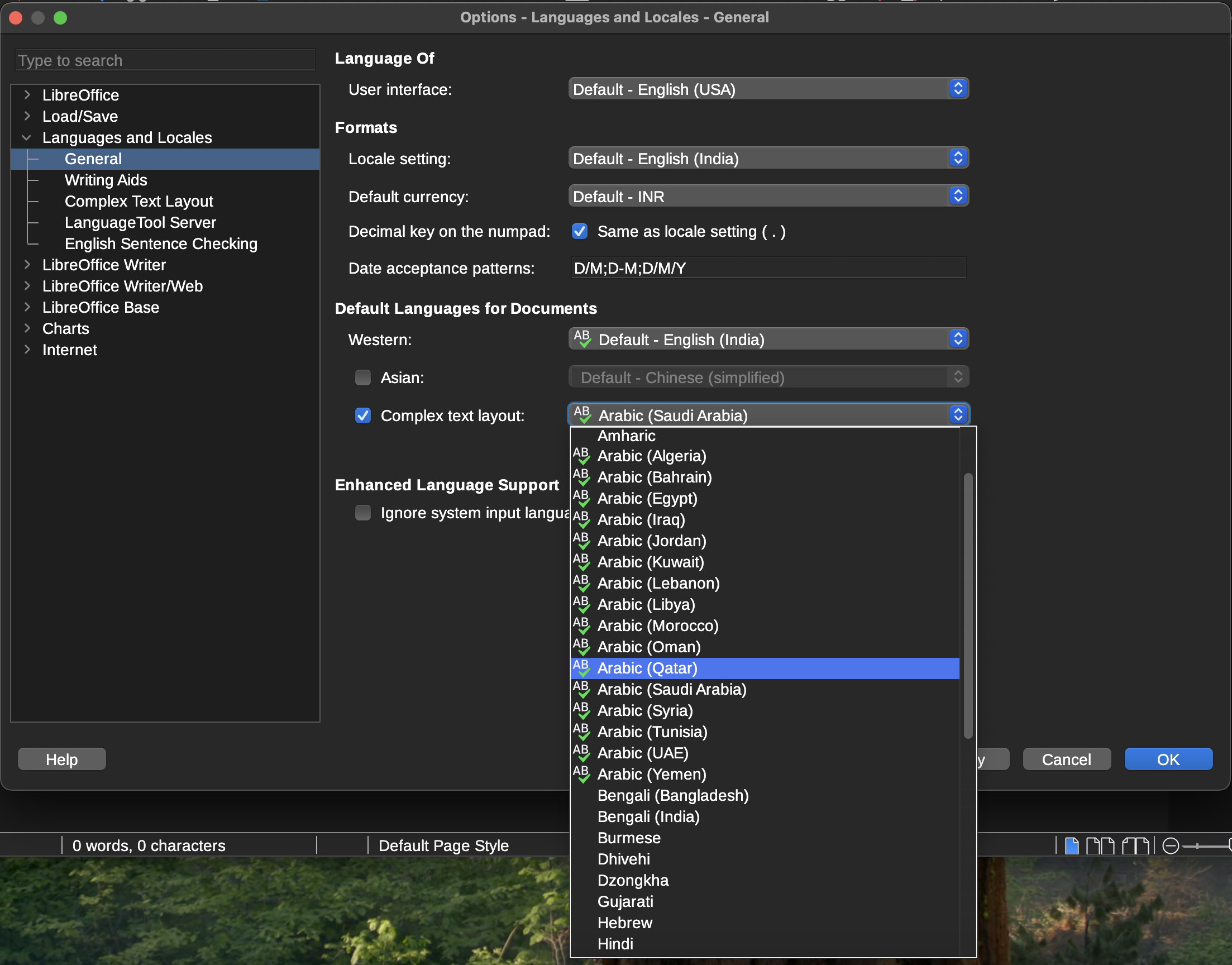 Complex Text Layout Settings