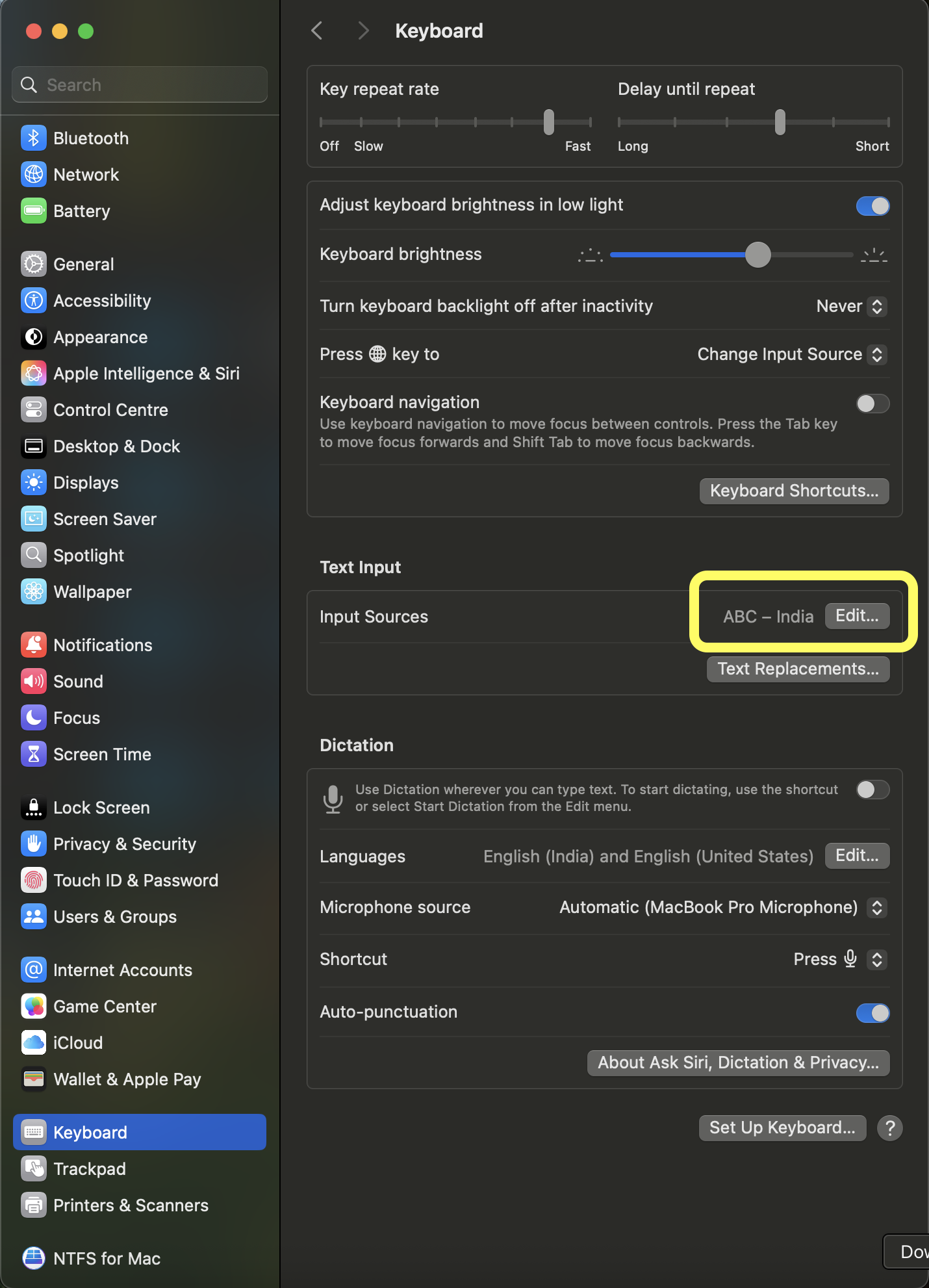 System Settings Keyboard Section