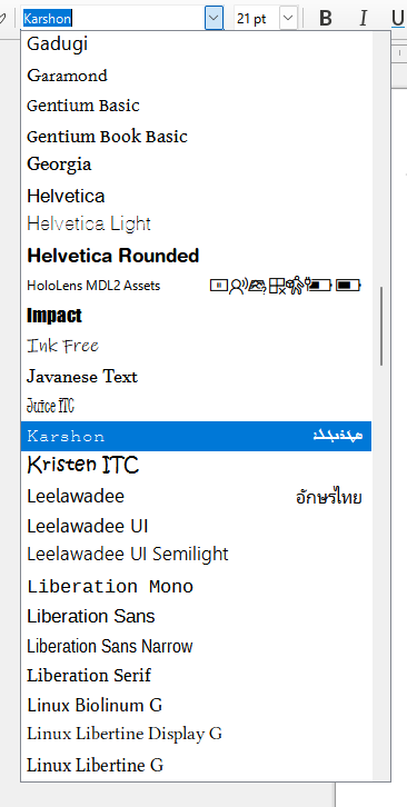 Selecting Karshon font in LibreOffice